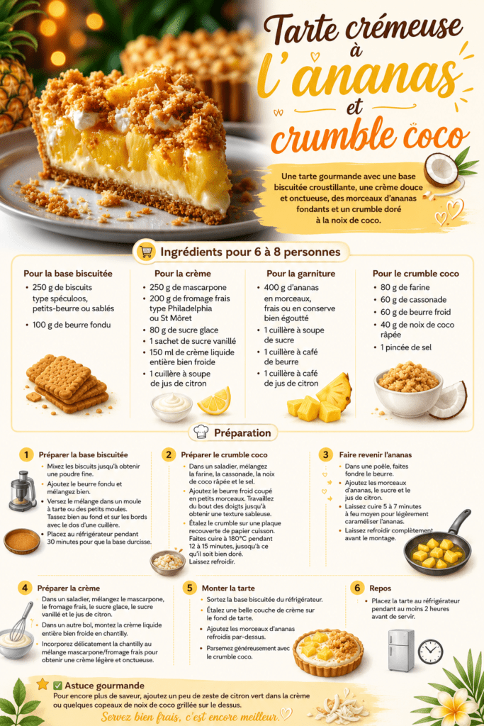 Tarte crémeuse à l’ananas servie avec une base biscuitée dorée, une crème mascarpone onctueuse, des morceaux d’ananas et un crumble coco croustillant.