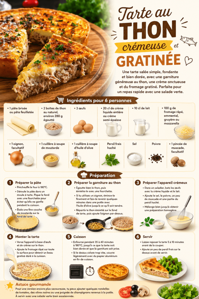 Tarte au thon crémeuse et gratinée servie en parts, avec une pâte dorée, une garniture fondante au thon et une couche de fromage gratiné.