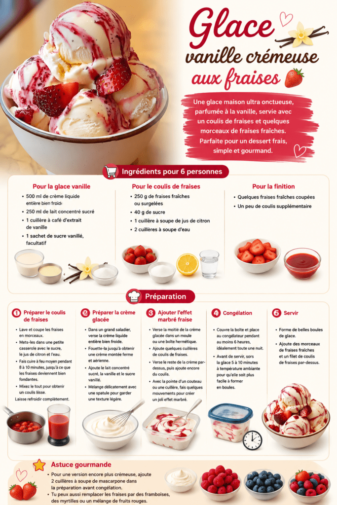 Boules de glace vanille crémeuse servies avec un coulis de fraises brillant, des morceaux de fraises fraîches et un effet marbré gourmand.