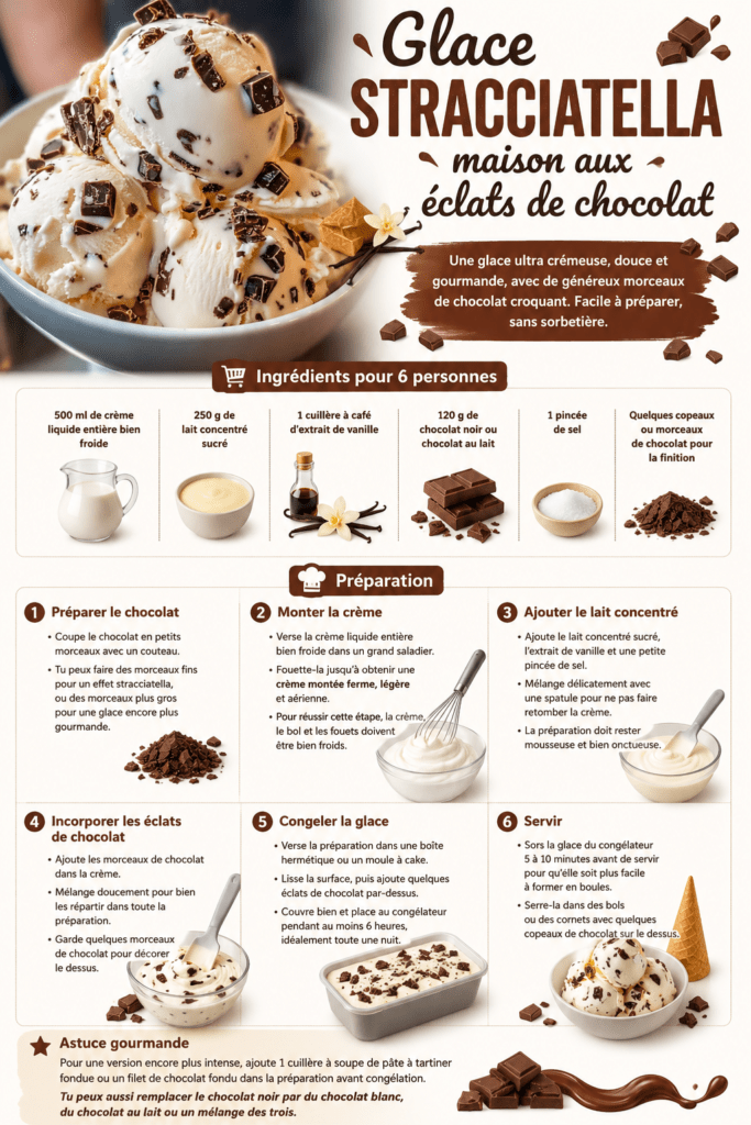 Boules de glace stracciatella maison servies dans un bol, avec une crème vanillée onctueuse et de généreux éclats de chocolat croquant.