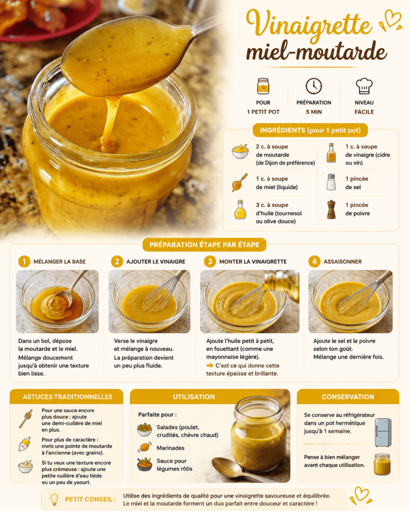 Vinaigrette miel-moutarde maison servie dans un petit pot en verre, avec une texture épaisse, brillante et dorée.