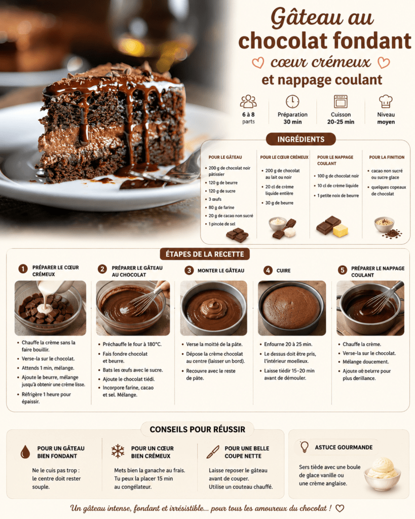 Gâteau au chocolat fondant nappé de ganache brillante, avec un cœur crémeux au chocolat et des copeaux de chocolat sur le dessus.