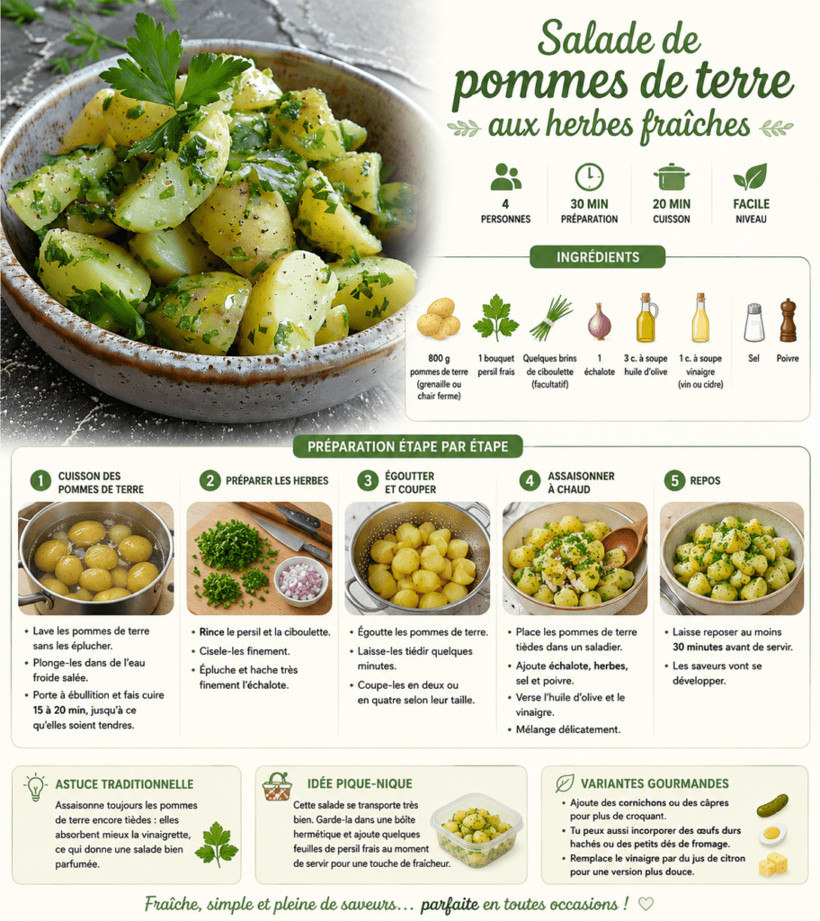 Salade de pommes de terre tièdes aux herbes fraîches servie dans un saladier, avec persil, ciboulette, échalote et vinaigrette maison.