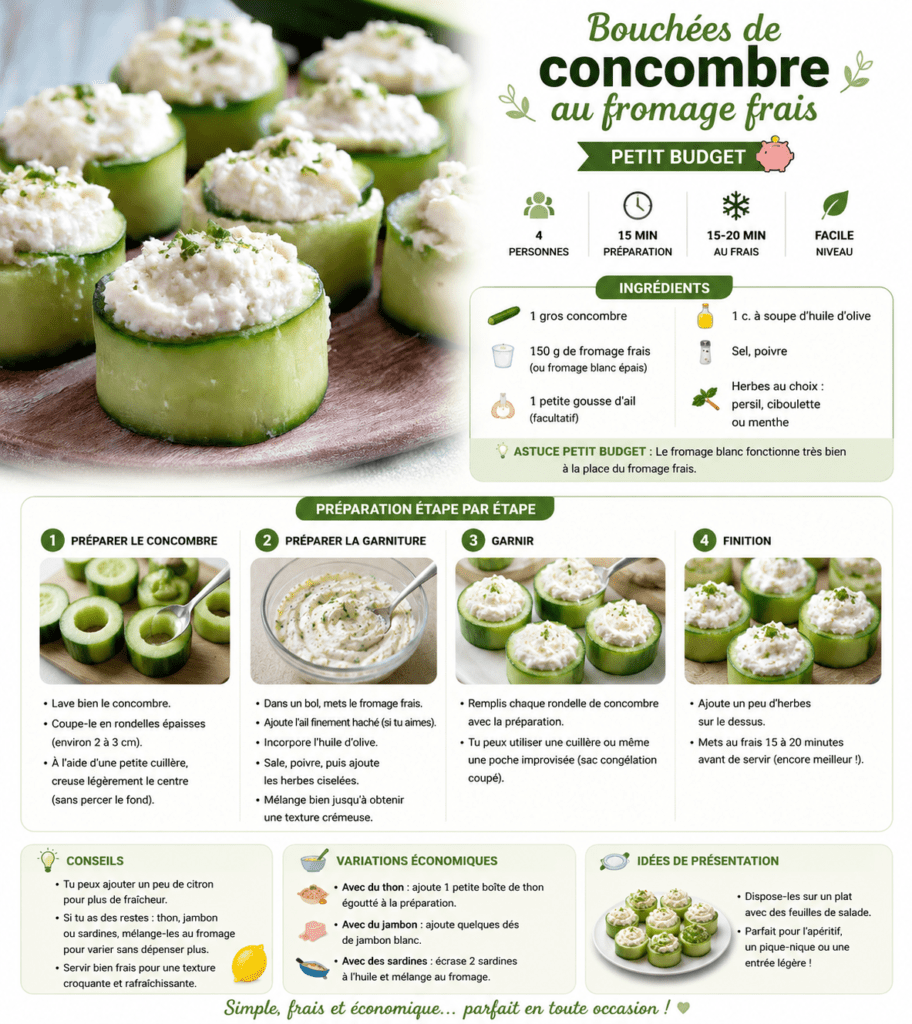 Bouchées de concombre garnies de fromage frais crémeux aux herbes, servies bien fraîches sur une assiette avec ciboulette et poivre.
