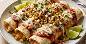 Enchiladas de poulet au maïs façon street corn présenté dans une vaisselle claire, avec les ingrédients principaux visibles et une lumière naturelle chaude.