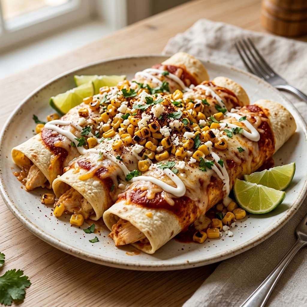 Enchiladas de poulet au maïs façon street corn présenté dans une vaisselle claire, avec les ingrédients principaux visibles et une lumière naturelle chaude.