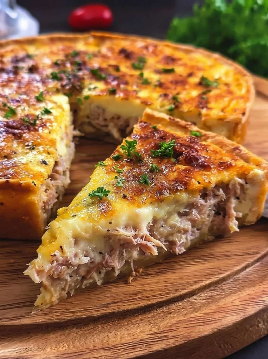 Tarte au thon crémeuse et gratinée servie en parts, avec une pâte dorée, une garniture fondante au thon et une couche de fromage gratiné.