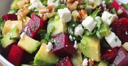 Salade colorée de betterave, avocat, feta et noix servie dans un grand saladier, avec herbes fraîches et vinaigrette brillante.