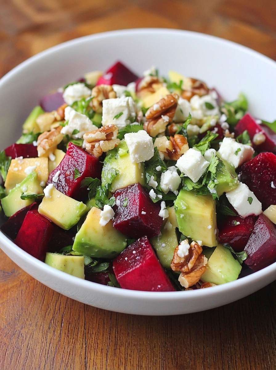 Salade colorée de betterave, avocat, feta et noix servie dans un grand saladier, avec herbes fraîches et vinaigrette brillante.