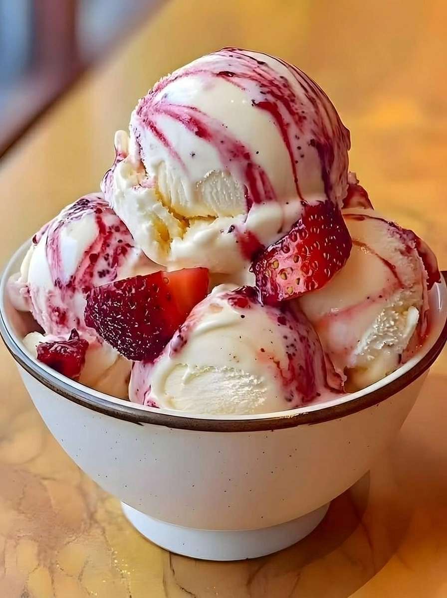 Boules de glace vanille crémeuse servies avec un coulis de fraises brillant, des morceaux de fraises fraîches et un effet marbré gourmand.