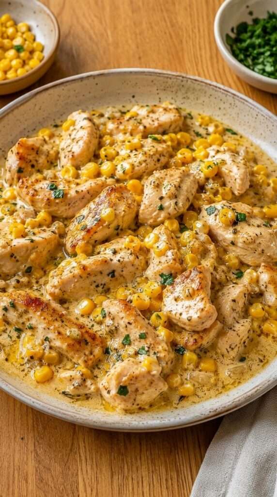 Blancs de poulet tranchés dans une sauce crémeuse au maïs, au parmesan et au beurre à l’ail, servis avec du riz blanc.