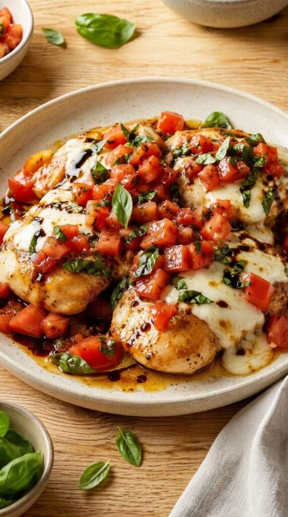 Poulet bruschetta facile aux tomates et mozzarella présenté dans une vaisselle claire, avec les ingrédients principaux visibles et une lumière naturelle chaude.