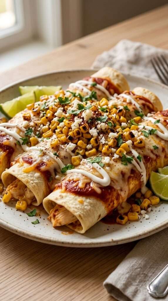 Enchiladas de poulet au maïs façon street corn présenté dans une vaisselle claire, avec les ingrédients principaux visibles et une lumière naturelle chaude.