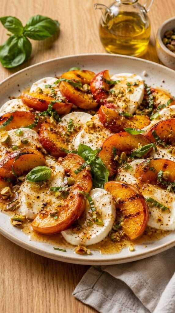 Caprese aux pêches rôties et beurre noisette présenté dans une vaisselle claire, avec les ingrédients principaux visibles et une lumière naturelle chaude