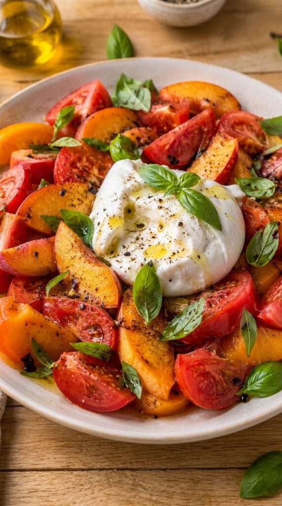 Salade de tomate, pêche et burrata présenté dans une vaisselle claire, avec les ingrédients principaux visibles et une lumière naturelle chaude.