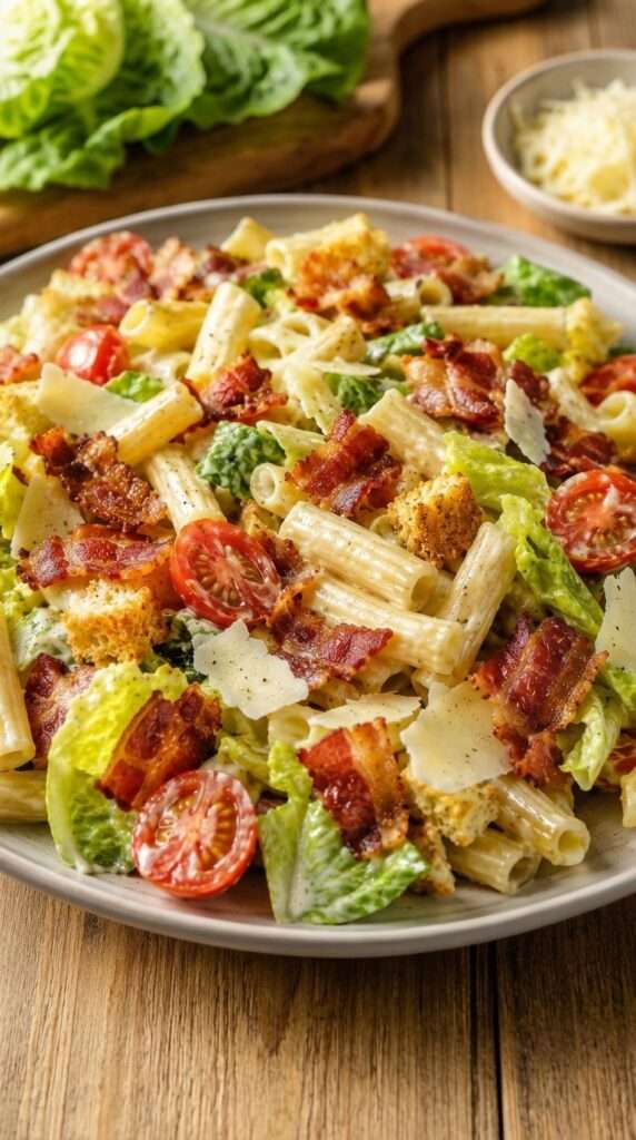 Salade de pâtes BLT façon César présenté dans une vaisselle claire, avec les ingrédients principaux visibles et une lumière naturelle chaude.