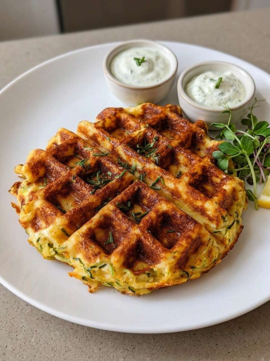 Gaufres de courgette dorées et croustillantes servies avec une sauce au yaourt, de la ciboulette fraîche et une salade verte.