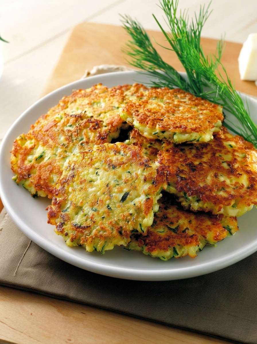 Galettes de courgettes dorées et croustillantes servies avec une sauce au yaourt, des herbes fraîches et une salade verte.