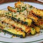 Frites de courgettes dorées et croustillantes au parmesan, servies avec une sauce crémeuse au yaourt, citron et herbes fraîches.