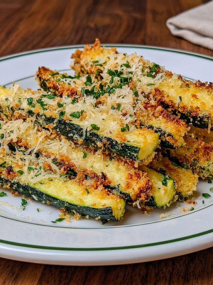 Frites de courgettes dorées et croustillantes au parmesan, servies avec une sauce crémeuse au yaourt, citron et herbes fraîches.