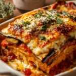 Lasagnes végétariennes aux légumes grillés servies en parts, avec aubergines, courgettes, poivrons, sauce tomate, béchamel et fromage gratiné.