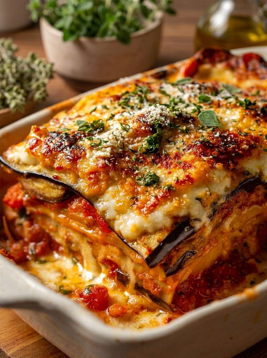 Lasagnes végétariennes aux légumes grillés servies en parts, avec aubergines, courgettes, poivrons, sauce tomate, béchamel et fromage gratiné.