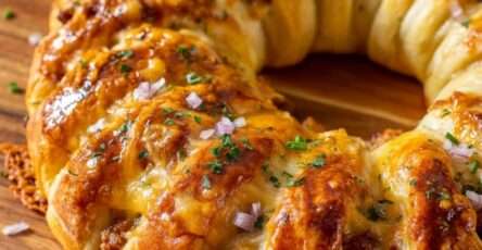 Couronne feuilletée dorée garnie de viande hachée épicée et de fromage fondant, servie avec une sauce crémeuse au centre.