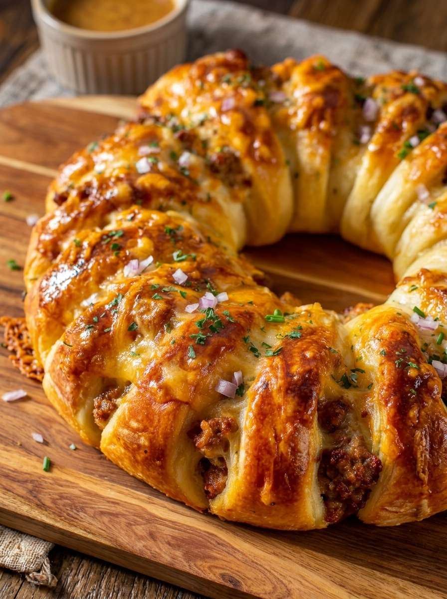 Couronne feuilletée dorée garnie de viande hachée épicée et de fromage fondant, servie avec une sauce crémeuse au centre.