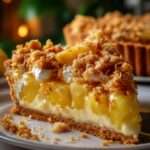 Tarte crémeuse à l’ananas servie avec une base biscuitée dorée, une crème mascarpone onctueuse, des morceaux d’ananas et un crumble coco croustillant.
