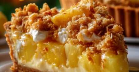 Tarte crémeuse à l’ananas servie avec une base biscuitée dorée, une crème mascarpone onctueuse, des morceaux d’ananas et un crumble coco croustillant.