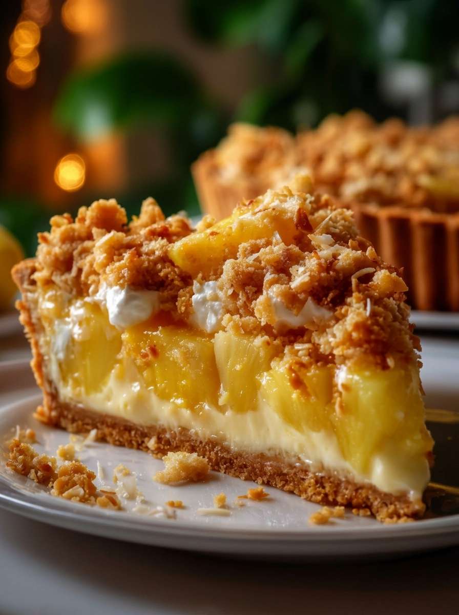 Tarte crémeuse à l’ananas servie avec une base biscuitée dorée, une crème mascarpone onctueuse, des morceaux d’ananas et un crumble coco croustillant.