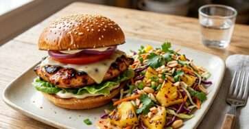 Burgers de poulet teriyaki et salade d’ananas Bang Bang présenté dans une vaisselle claire, avec les ingrédients principaux visibles et une lumière naturelle chaude.