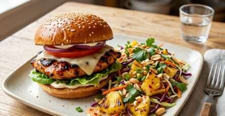 Burgers de poulet teriyaki et salade d’ananas Bang Bang présenté dans une vaisselle claire, avec les ingrédients principaux visibles et une lumière naturelle chaude.