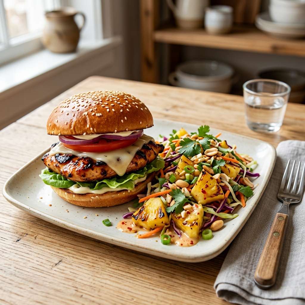 Burgers de poulet teriyaki et salade d’ananas Bang Bang présenté dans une vaisselle claire, avec les ingrédients principaux visibles et une lumière naturelle chaude.