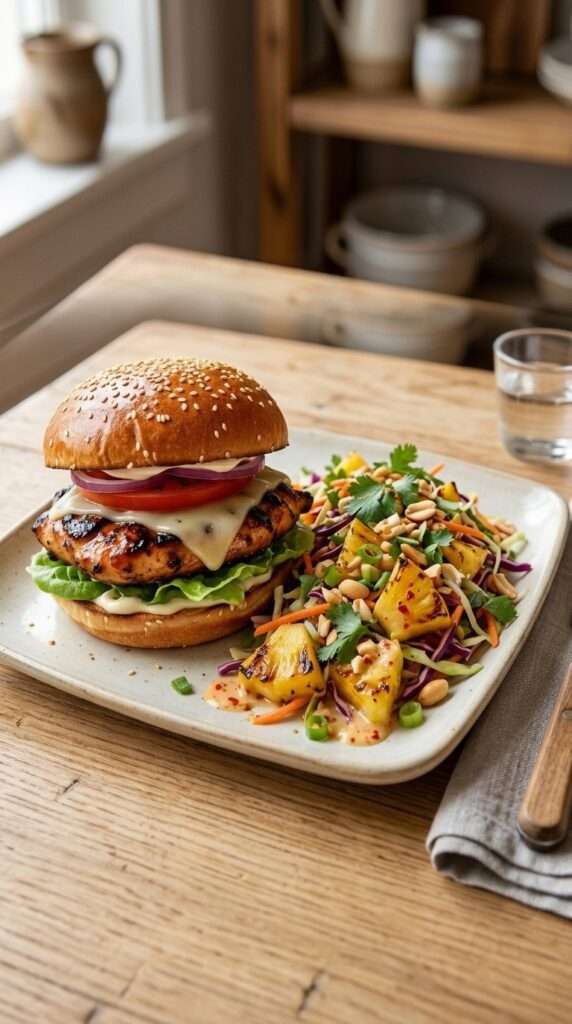 Burgers de poulet teriyaki et salade d’ananas Bang Bang présenté dans une vaisselle claire, avec les ingrédients principaux visibles et une lumière naturelle chaude.