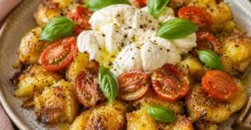 Pommes de terre écrasées dorées et croustillantes servies avec une burrata crémeuse, des tomates cerises fraîches et des feuilles de basilic.