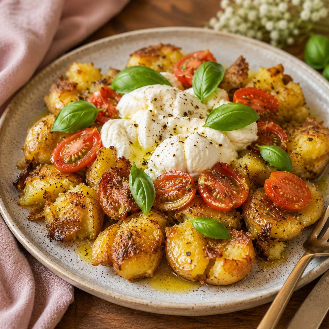 Pommes de terre écrasées dorées et croustillantes servies avec une burrata crémeuse, des tomates cerises fraîches et des feuilles de basilic.