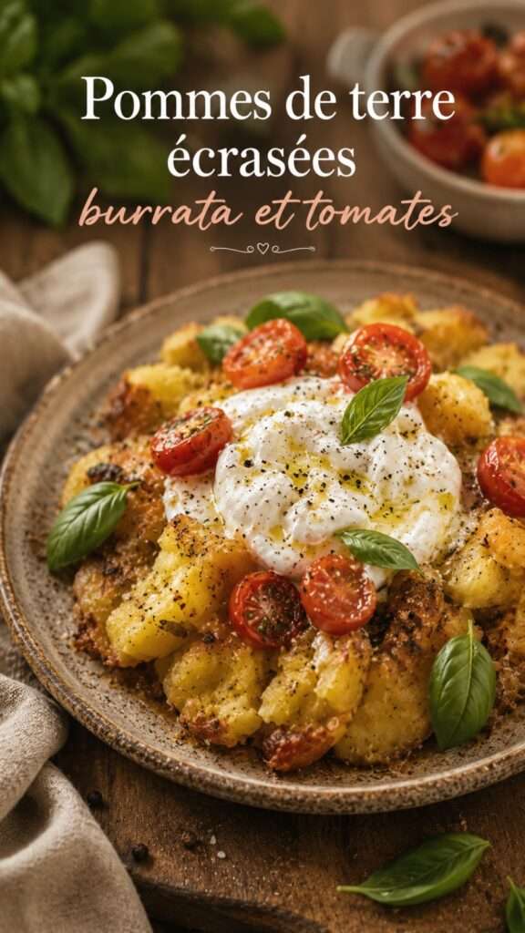 Pommes de terre écrasées dorées et croustillantes servies avec une burrata crémeuse, des tomates cerises fraîches et des feuilles de basilic.