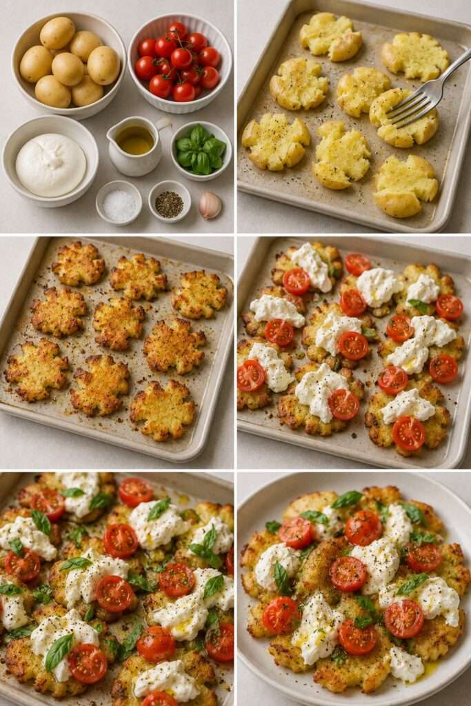 Pommes de terre écrasées dorées et croustillantes servies avec une burrata crémeuse, des tomates cerises fraîches et des feuilles de basilic.