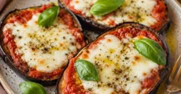 Rondelles d’aubergines façon mini-pizzas garnies de sauce tomate, de mozzarella fondue et d’origan, dorées au four sur une plaque de cuisson.