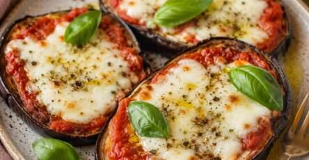 Rondelles d’aubergines façon mini-pizzas garnies de sauce tomate, de mozzarella fondue et d’origan, dorées au four sur une plaque de cuisson.