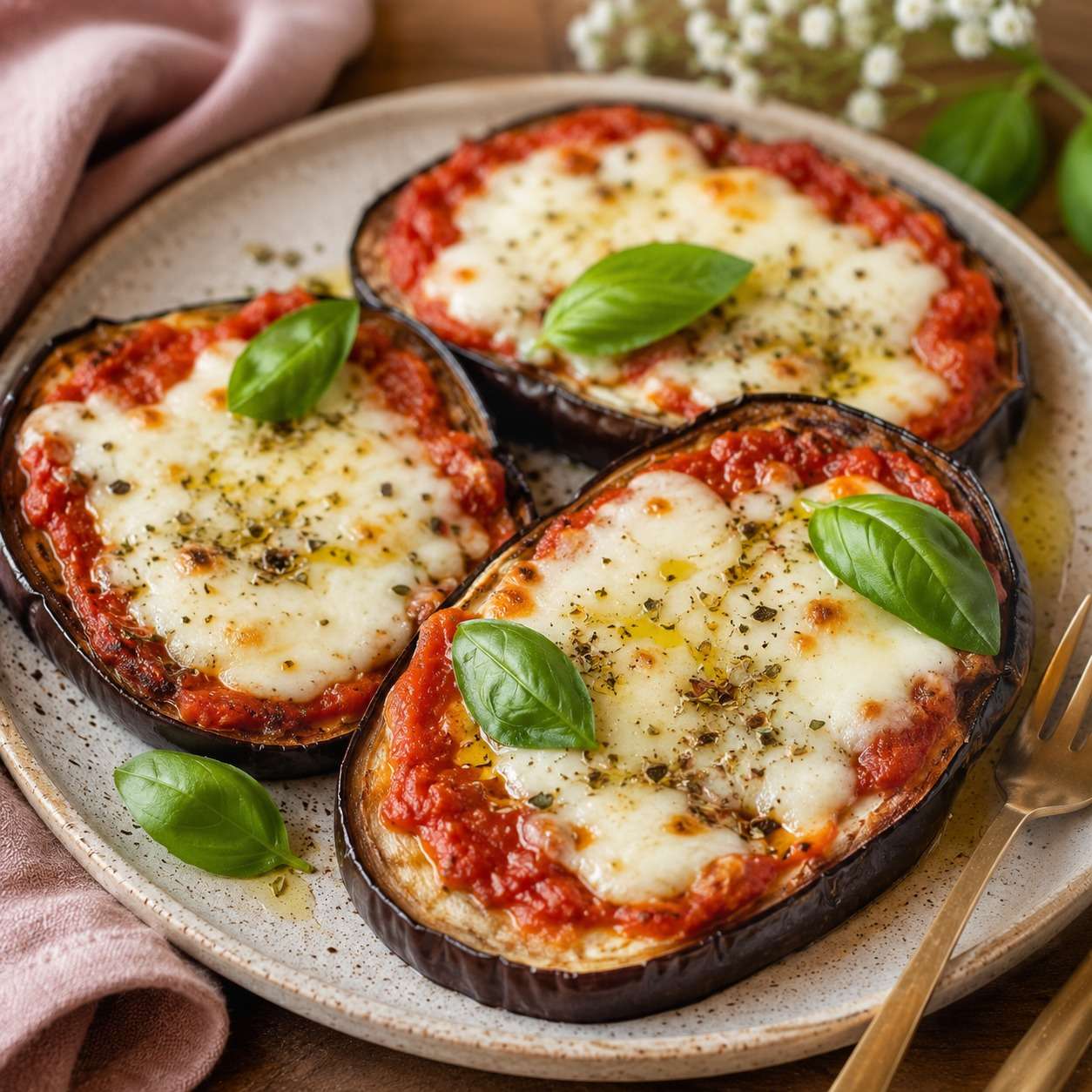 Rondelles d’aubergines façon mini-pizzas garnies de sauce tomate, de mozzarella fondue et d’origan, dorées au four sur une plaque de cuisson.