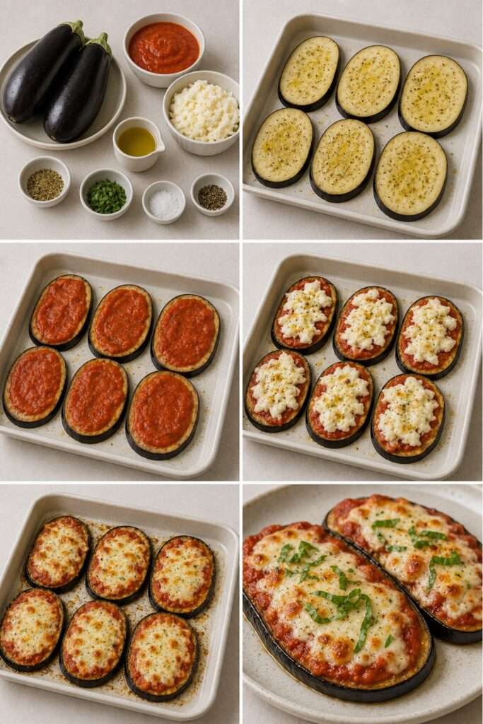 Rondelles d’aubergines façon mini-pizzas garnies de sauce tomate, de mozzarella fondue et d’origan, dorées au four sur une plaque de cuisson.