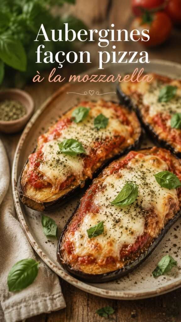 Rondelles d’aubergines façon mini-pizzas garnies de sauce tomate, de mozzarella fondue et d’origan, dorées au four sur une plaque de cuisson.
