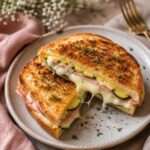 Croque-courgette doré composé de deux galettes de courgettes râpées, garni de jambon et de fromage fondant, servi chaud avec une salade verte.