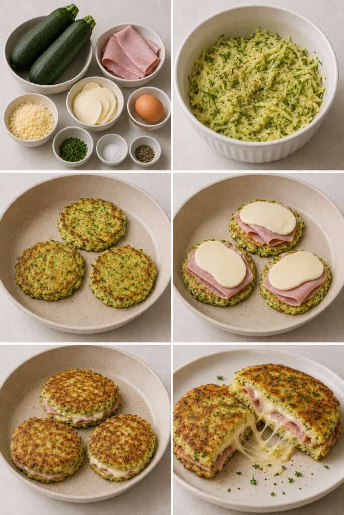 Croque-courgette doré composé de deux galettes de courgettes râpées, garni de jambon et de fromage fondant, servi chaud avec une salade verte.