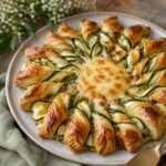 Tarte soleil feuilletée garnie de courgette, de pesto vert et de mozzarella fondante, avec des branches torsadées bien dorées après cuisson au four.