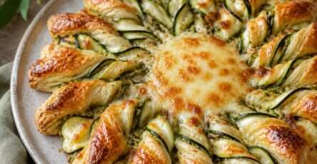 Tarte soleil feuilletée garnie de courgette, de pesto vert et de mozzarella fondante, avec des branches torsadées bien dorées après cuisson au four.