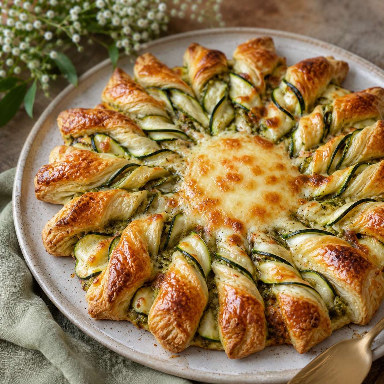 Tarte soleil feuilletée garnie de courgette, de pesto vert et de mozzarella fondante, avec des branches torsadées bien dorées après cuisson au four.