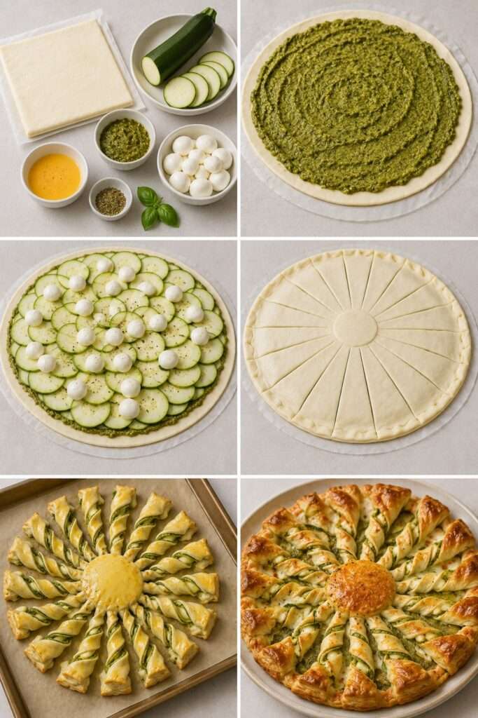 Tarte soleil feuilletée garnie de courgette, de pesto vert et de mozzarella fondante, avec des branches torsadées bien dorées après cuisson au four.